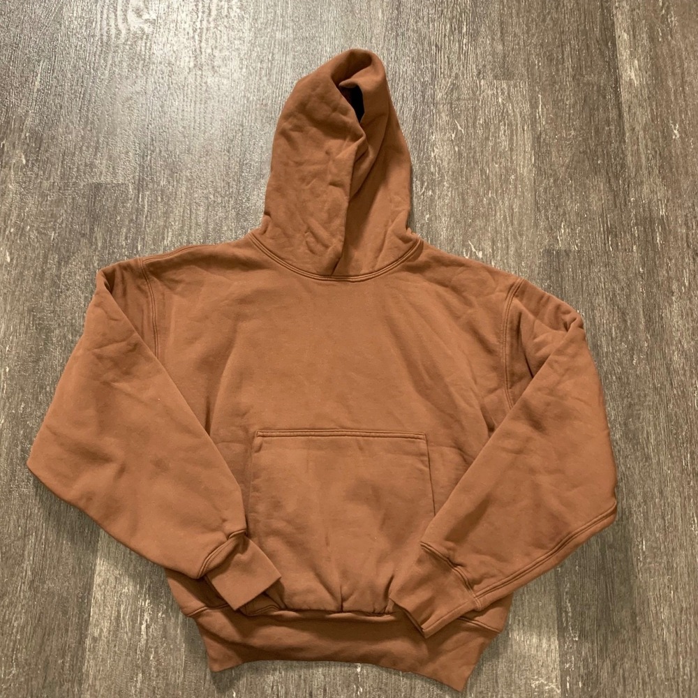 YZY Men Brown Cotton Double Layered Pullover Hoodie Kangaroo Pocket Casual S